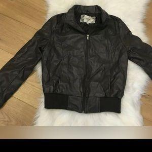 Poetry Faux Leather Bomber Jacket Size Large Brown/Gray